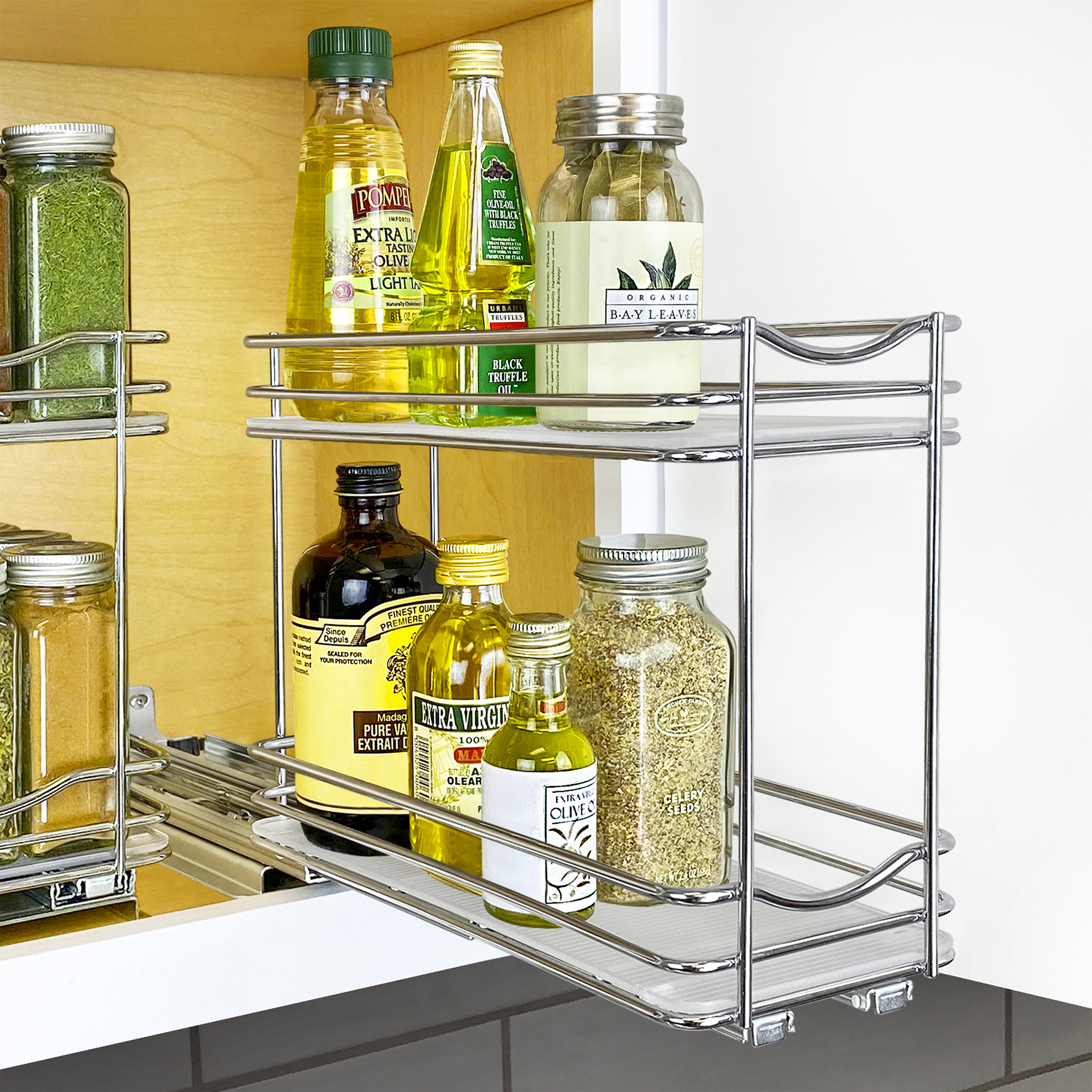 2 Tier Chrome Pull-Out Slide Basket Rack Spice Bottle Holder