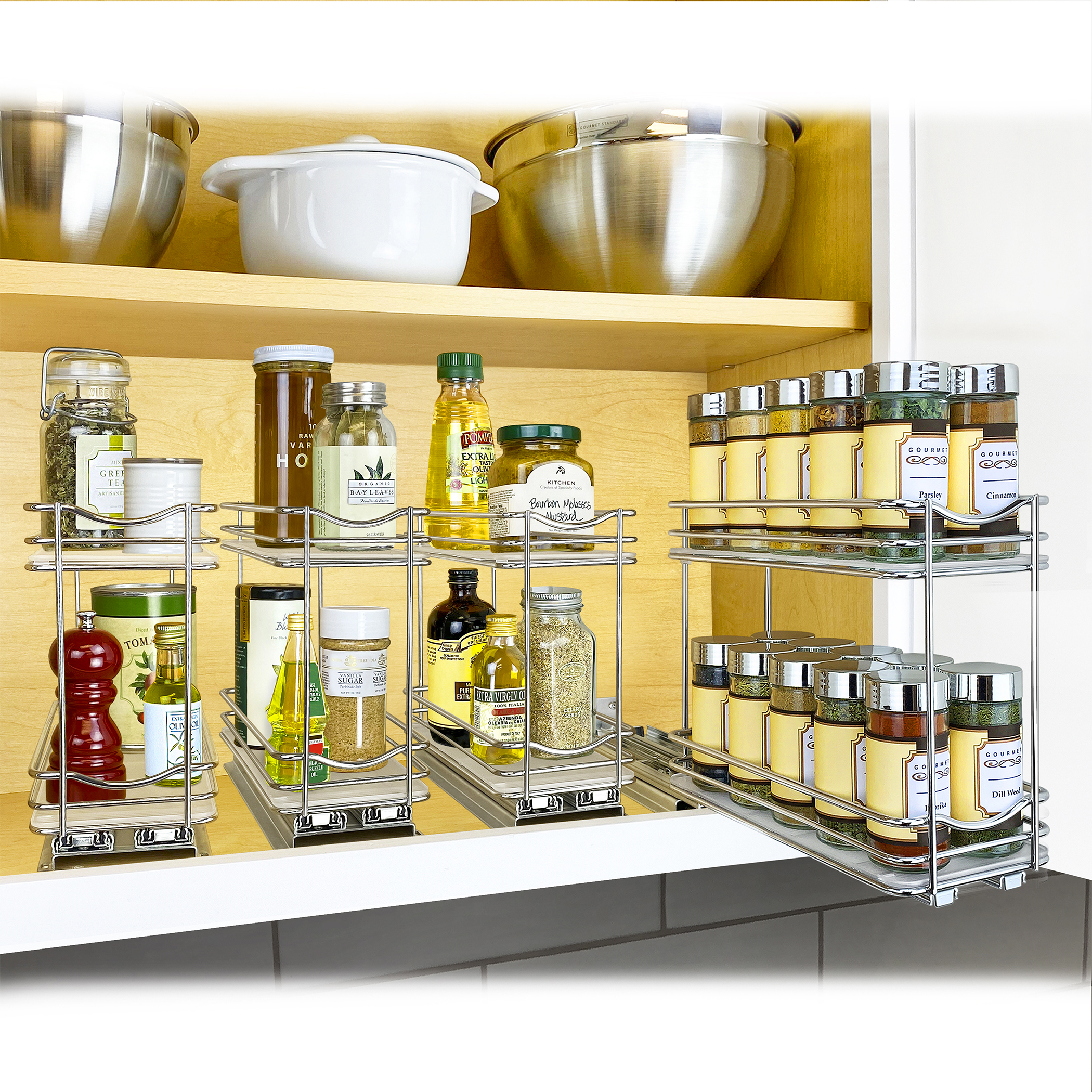 Vertical Spice 222x2x11 Spice Rack 3 Drawers 2 Tiers, Maple, 30 Jar Capacity with Flex-Sides, Sliding, Pullout